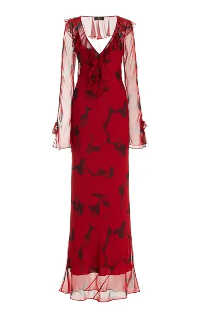 De La Vali Biscotti Ruffled Silk Chiffon Maxi Dress In Red