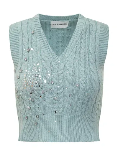 Des Phemmes Knit Top With Rhinestones In Blue