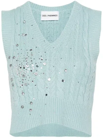 Des Phemmes Rhinestone-embellished Knitted Top In Blue