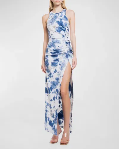 Des Phemmes Sleeveless Rhinestone Tie-dye Maxi Dress In Blue