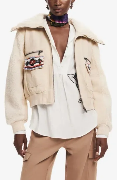 Desigual Chaq Roma Faux Shearling Crop Bomber Jacket In White