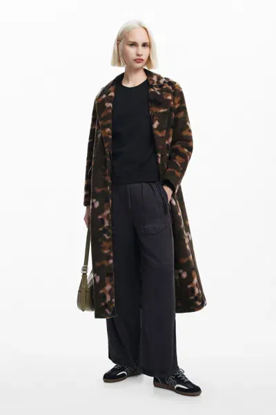 Desigual Long Printed Coat In Green