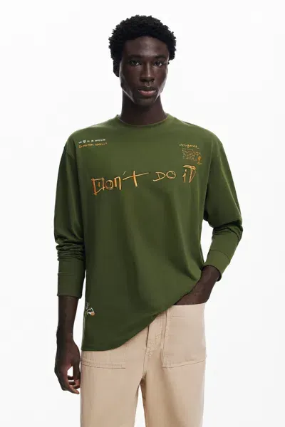 Desigual Long-sleeve Message T-shirt In Green