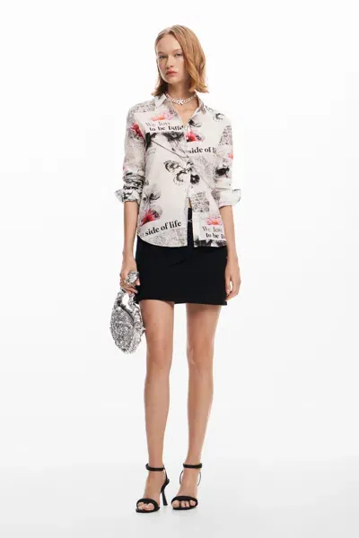 Desigual Long-sleeved Shirt With Text And Flowers. In White