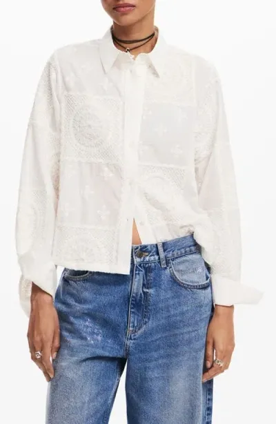 Desigual Sendai Embroidered Cotton Button-up Shirt In White