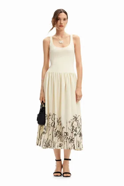 Desigual Strappy Dress With Floral Print. In White