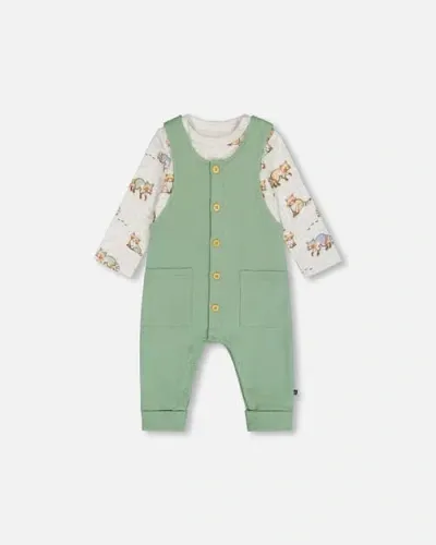 Deux Par Deux Baby Boy's Organic Cotton Printed Bodysuit And Overall Set Green And Racoon In Green Bay