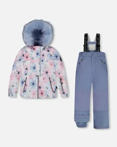 Deux Par Deux Kids'  Girl's Two Piece Snowsuit Solid Pant And Printed Watercolor Blue Flowers In Multi