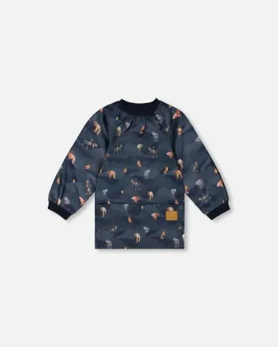 Deux Par Deux Babies'  Little Boy's School Apron Navy Printed Mountains Animals In Multi