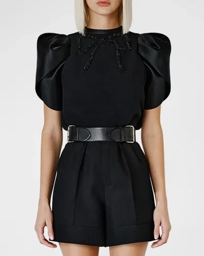 Dice Kayek Crystal Bow Satin Puff-sleeve Shirt In Black