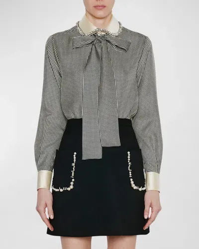 Dice Kayek Houndstooth Print Blouse With Tie Neckline In Black And White Pdp