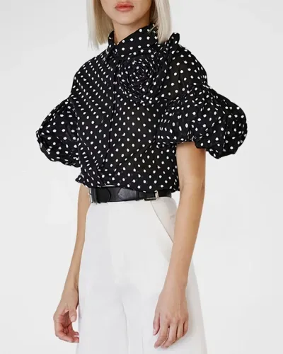 Dice Kayek Polka-dot Flower Puff-sleeve Collared Blouse In Black