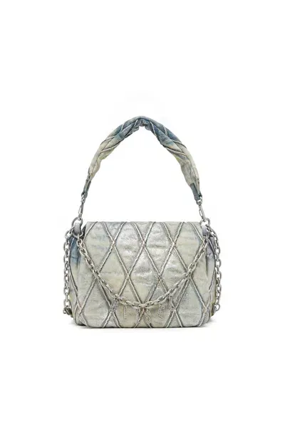 Diesel Charm-d M-shoulder Bag In Metallic Quilted Denim In Blue