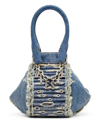 Diesel D-vina-xs Distressed Denim Shoulder Bag In Blue