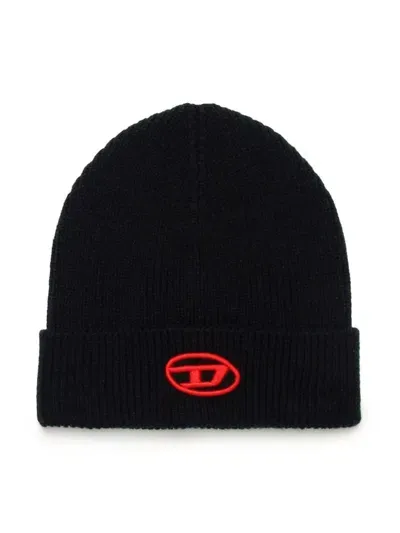 Diesel Kids' Logo-embroidered Ribbed-knit Beanie In Black