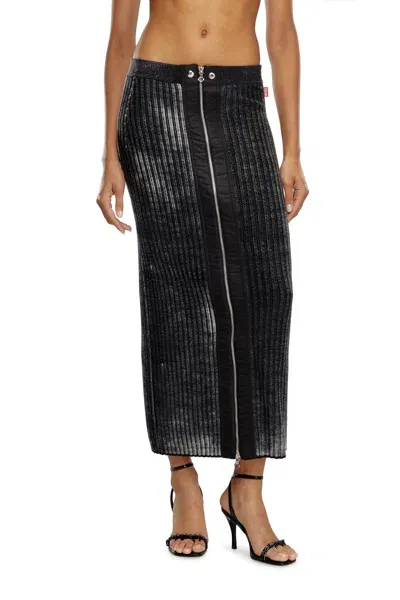 Diesel Midi Skirt In Treated Wool Knit In Black