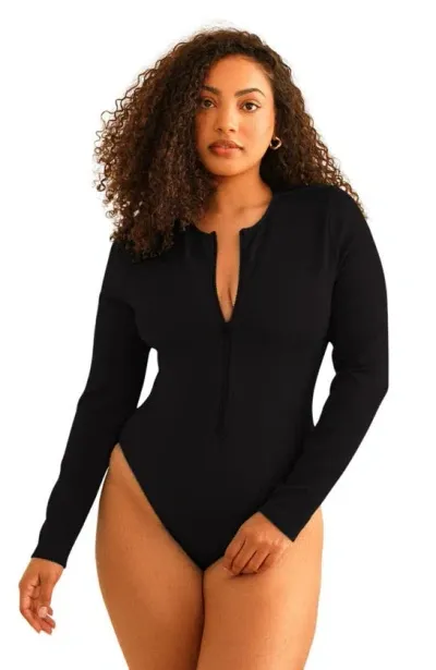 Dippin Daisys Shoal Front Zipper Long Sleeve One Piece In Black