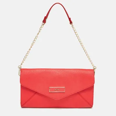 Pre-owned Dkny Red Leather Logo Flap Shoulder Bag