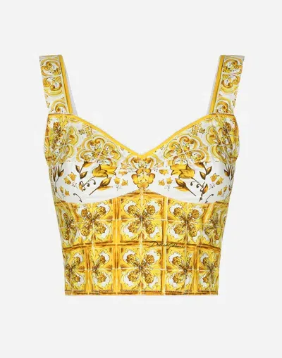 Dolce & Gabbana Cotton Corset Top With Majolica Print In Yellow