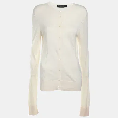 Pre-owned Dolce & Gabbana Cream Silk Knit Button Front Cardigan L