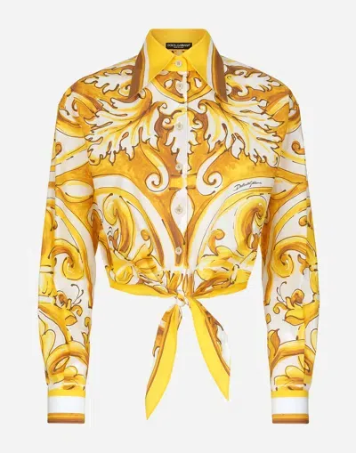 Dolce & Gabbana Cropped Cotton Poplin Shirt With Majolica Print In Yellow