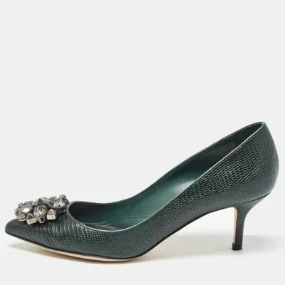 Pre-owned Dolce & Gabbana Dark Green Embossed Lizard Bellucci Pumps Size 37.5