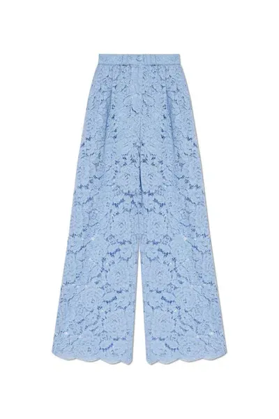 Dolce & Gabbana Dg Logo Flared Floral Cordonetto Lace Pants In Blue