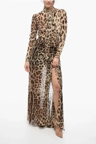 Dolce & Gabbana Draped Chiffon Tie Neck Dress With Animal Motif In Multi