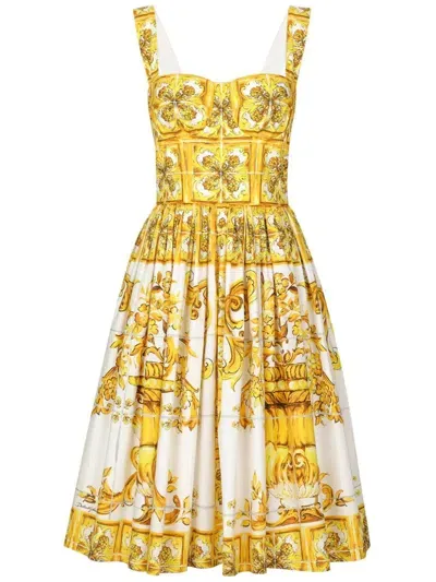 Dolce & Gabbana Majolica Flared Cotton Dress In Yellow & Orange