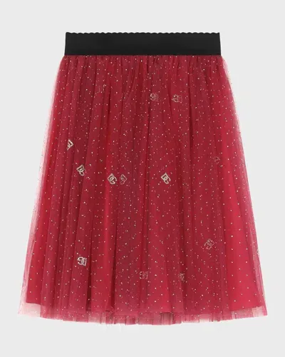 Dolce & Gabbana Kids' Girl's Embellished Logo-print Tulle Skirt In Dark Pink Print