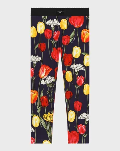 Dolce & Gabbana Kids' Tulip-print Slip-on Leggings In Blue