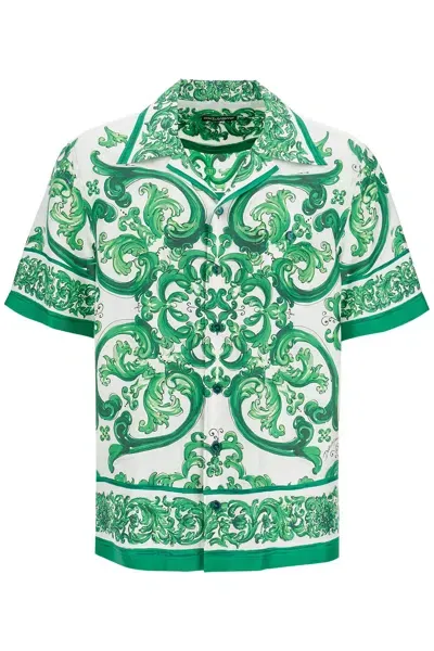 Dolce & Gabbana Hawaii Silk Twill Maiolica Print Shirt In Green