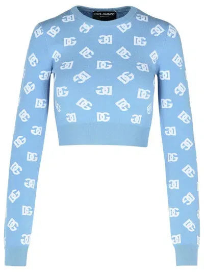 Dolce & Gabbana Jacquard Viscose Dg Logo Short Sweater In Blue