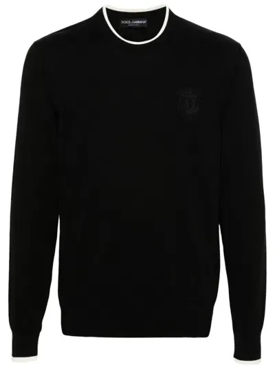 Dolce & Gabbana Jacquard Logo Cotton Crewneck Sweater In Black