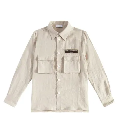 Dolce & Gabbana Kids' Logo Linen Shirt In Beige