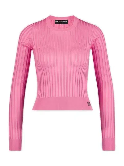 Dolce & Gabbana Logo Plaque Cropped Ribbed Sweater In Pink