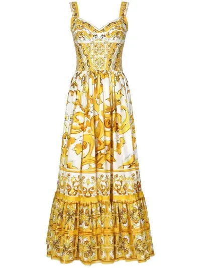 Dolce & Gabbana Majolica Cotton Maxi Dress In Yellow