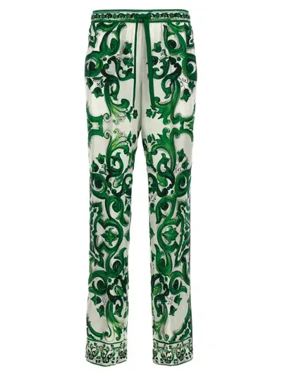 Dolce & Gabbana Silk Twill Jogging Pants With Majolica Print In Multicolor