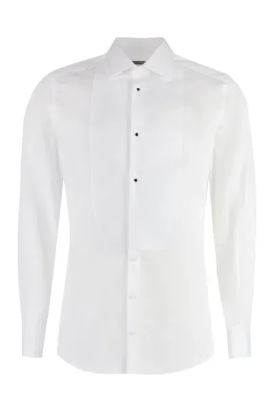 Dolce & Gabbana Men's White Poplin Tuxedo Shirt With Embellished Buttons & Rounded Hem