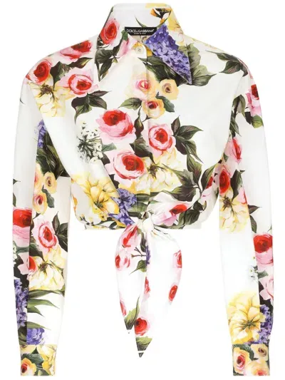 Dolce & Gabbana Floral Print Cropped Poplin Shirt With Front Tie In Giardino Bianco