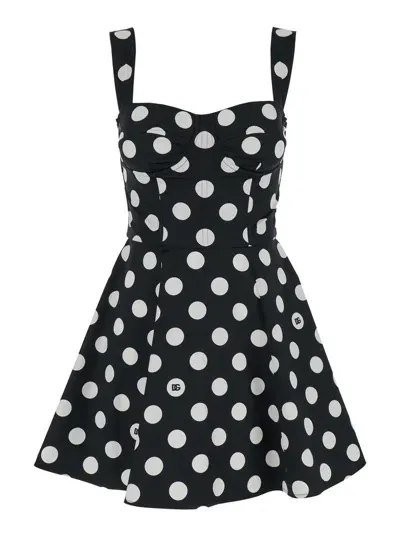 Dolce & Gabbana Dots Print Cotton Mini Dress In Black