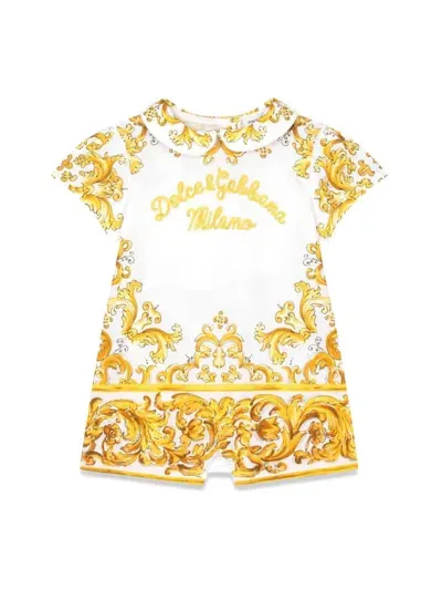 Dolce & Gabbana Babies' Maiolica Print Cotton Jersey Romper In Yellow