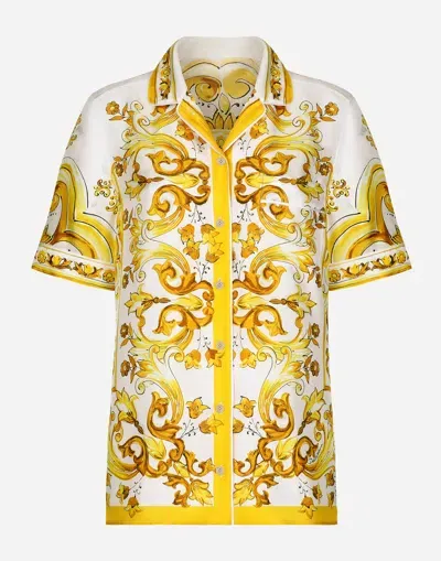 Dolce & Gabbana Short-sleeved Silk Twill Shirt With Majolica Print