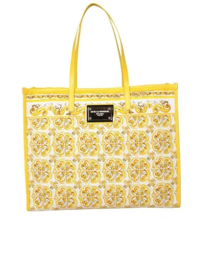 Dolce & Gabbana Yellow And White Tote Bag With Majolica Print And Logo Plaque In Cotton Woman