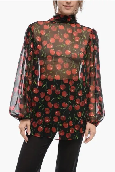 Dolce & Gabbana Silk Chiffon Cherry Tie Neck Blouse In Multi