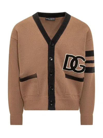 Dolce & Gabbana Wool Cardigan With Logo In Brown