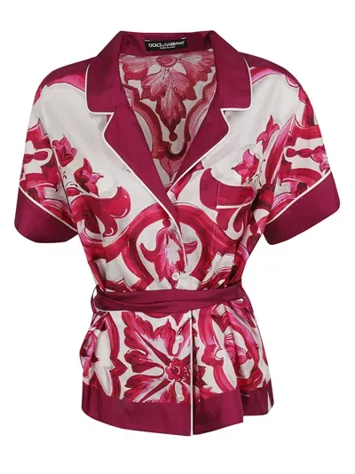 Dolce & Gabbana Majolica-print Belted Silk Shirt In Multi