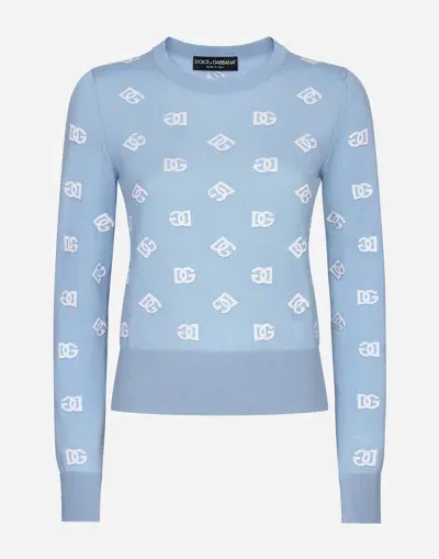 Dolce & Gabbana Wool And Silk Jacquard Sweater With Tonal Dg Logo In Azure