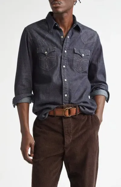 Double Rl Buffalo West Slim Fit Denim Western Snap-up Shirt In Rinse