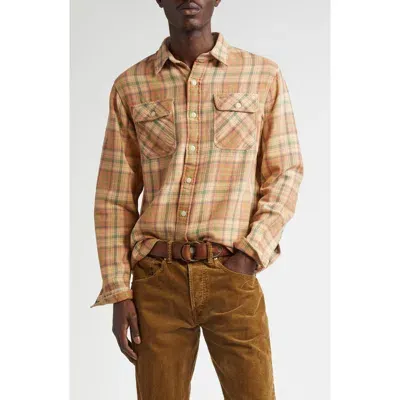 Double Rl Plaid Cotton Twill Button-up Work Shirt In Orange Multi